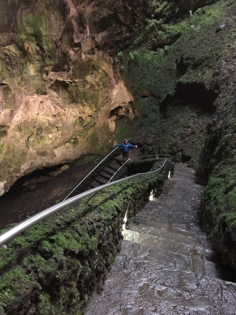 Man on Stairs Algar do Carvao Cave, Terceira Island, Azores