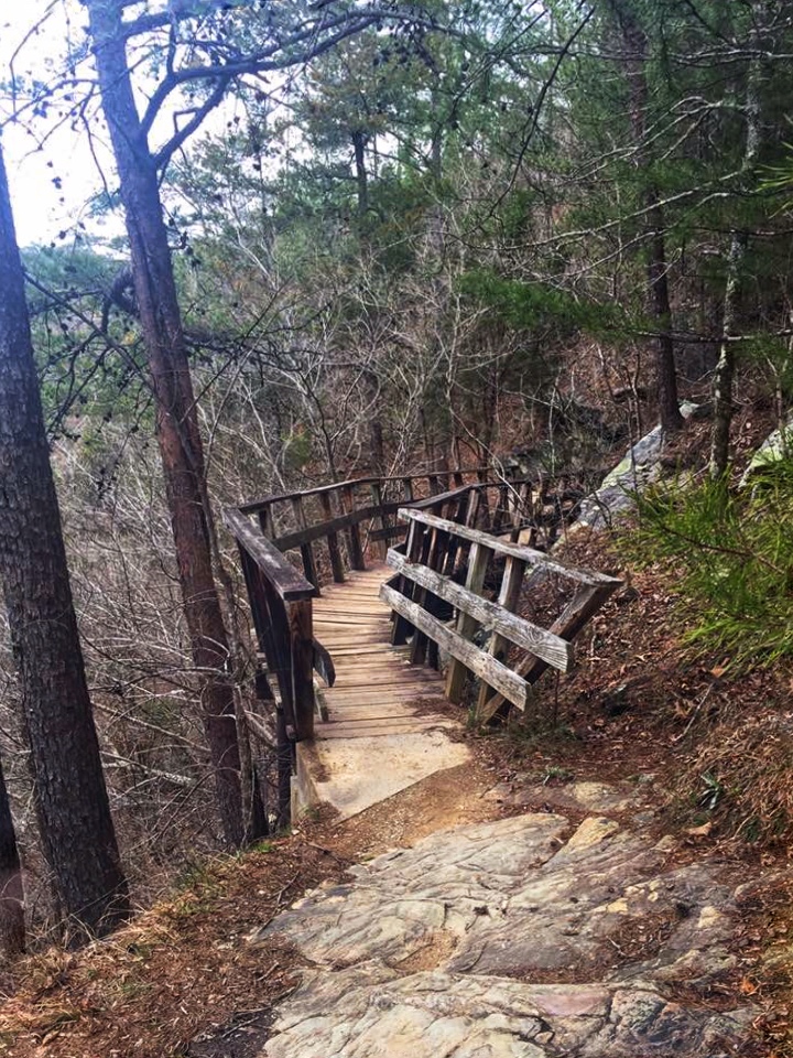 Wooden bridge attached to rock cliff on Chinnabee Silent Trail